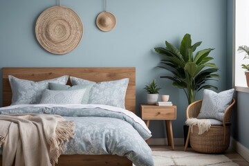 bedroom, bedding, stylish armchair, wooden bedside table, clothes, plants, patterned pillows, Pale Blue-Gray wall