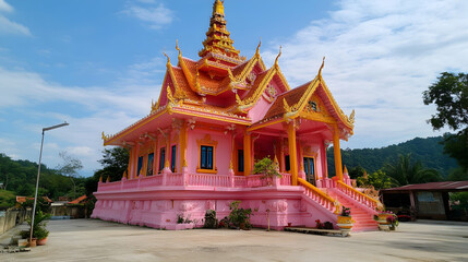 Pink temple, vibrant architecture, serene hills, sunny day, Southeast Asia