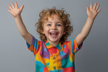 Happy kid with arms up smiling in joyful photo on grey studio background