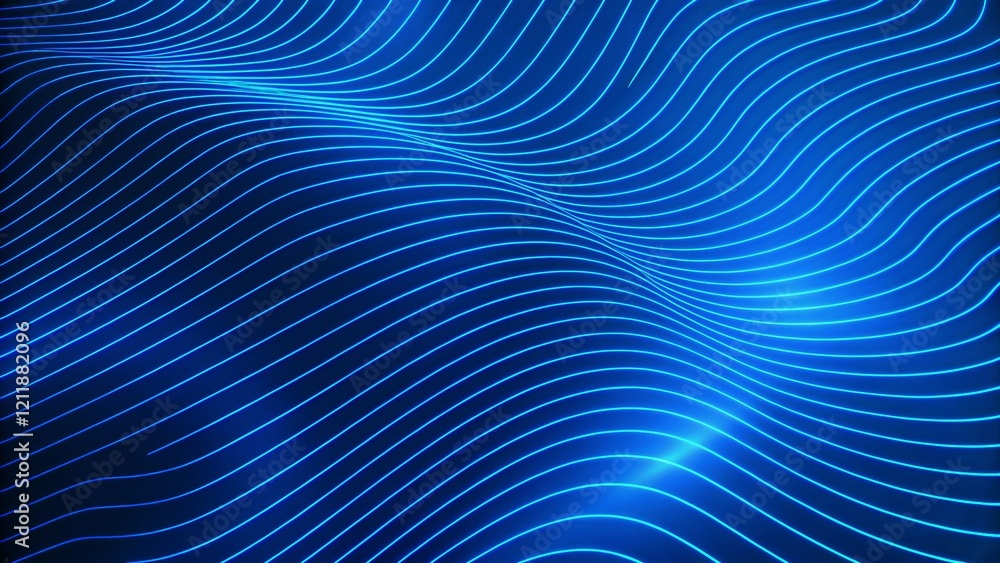 Aufkleber smooth wave lines on a blue neon color light background. glowing abstract wave on dark, shiny motion