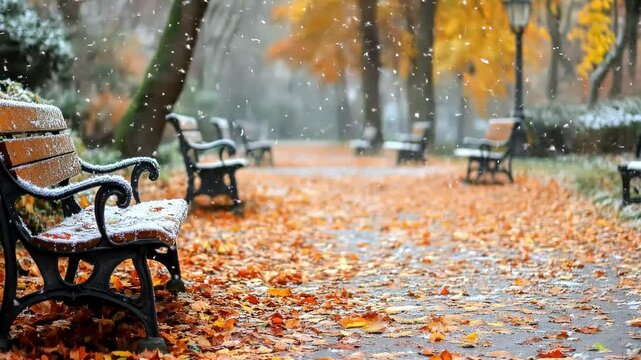 Serene park pathway lined with empty benches and orange autumn leaves gently falling amid soft snowfall creating a tranquil winter atmosphere