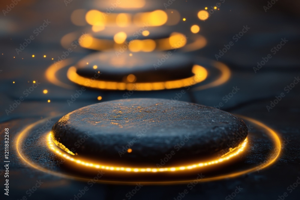 Poster mysterious glowing stones create an enchanting path at twilight in a serene outdoor setting