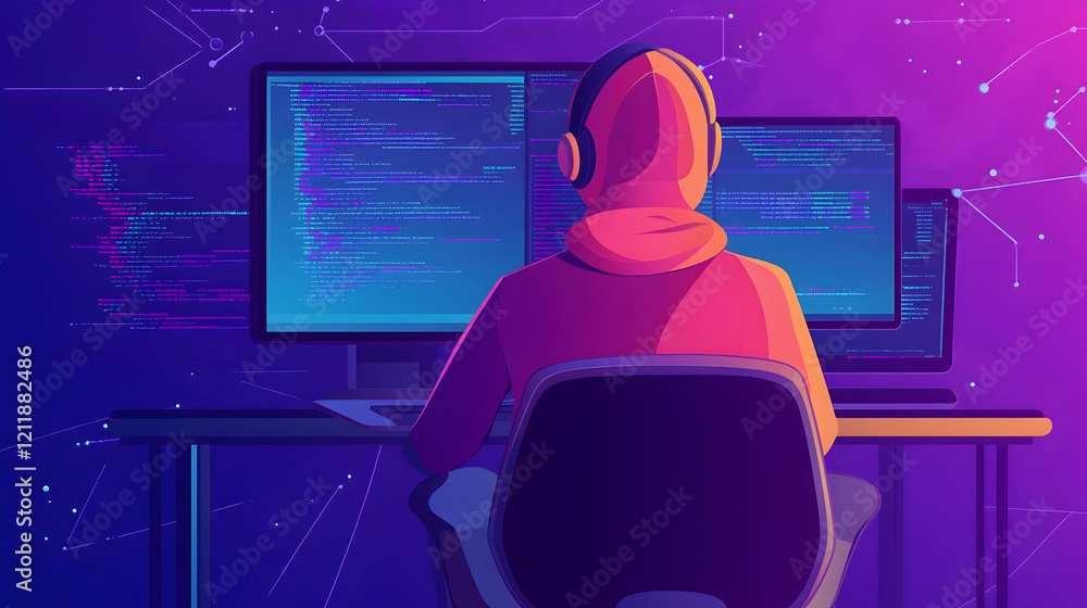 Poster programmer coding late at night, dual monitors, dark room, tech background, website design