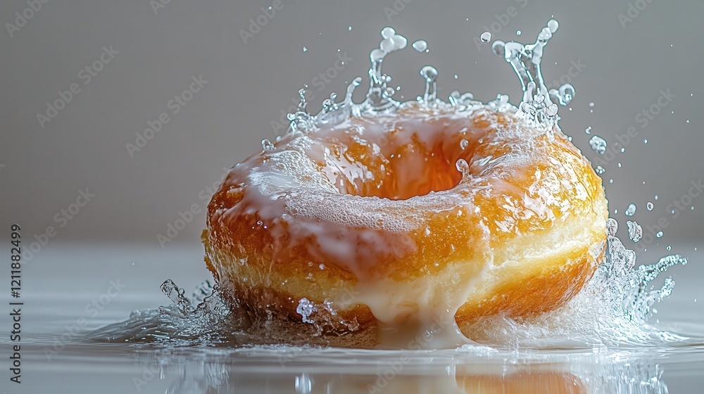 Poster glazed donut splashing into milk, creating a dynamic, appetizing image perfect for food blogs, adver