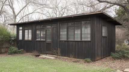 Dark wood shed with windows, situated in a backyard garden.