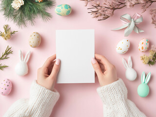 Easter-themed mockup featuring a blank vertical A5 greeting card on a flat lay background, surrounded by festive Easter decorations such as pastel-colored eggs, flowers, and seasonal accents