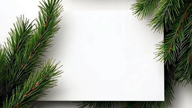 A blank card surrounded by lush green pine branches on a white background.