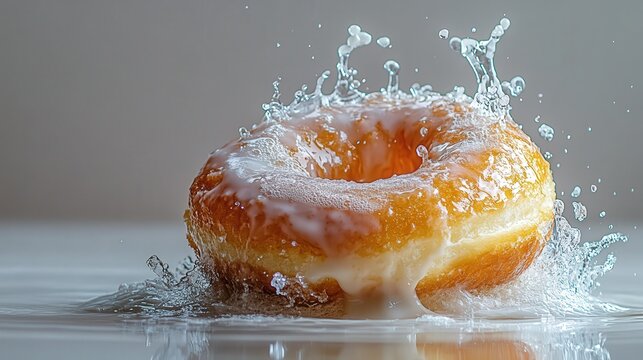 Glazed donut splashing into milk, creating a dynamic, appetizing image perfect for food blogs, advertising, or culinary publications.