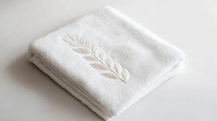 Elegant White Towel with Leaf Embroidery Design