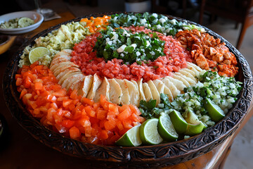 A colorful taco platter with fresh toppings and lime slices, symbolizing flavor and festivity