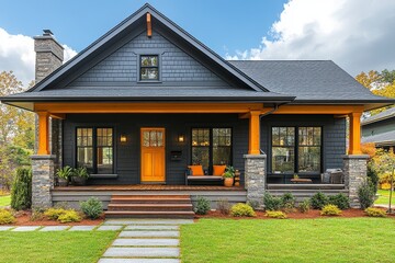 Front view of a small gray Craftsman-style home with porch and front yard in the Pacific Northwest, with green grass and blue sky, for sale.