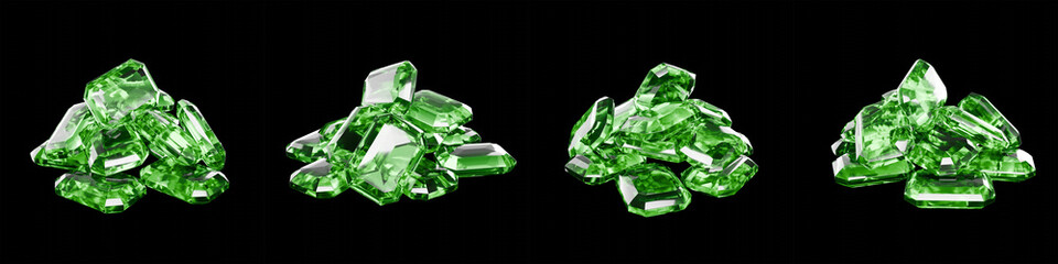 Green Emerald Stack Gemstone 3D Illustration Set Isolated in Black Background