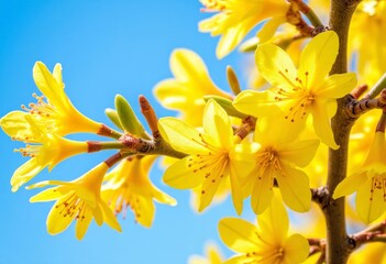 Obraz premium Yellow flowers on branches against a blue sky