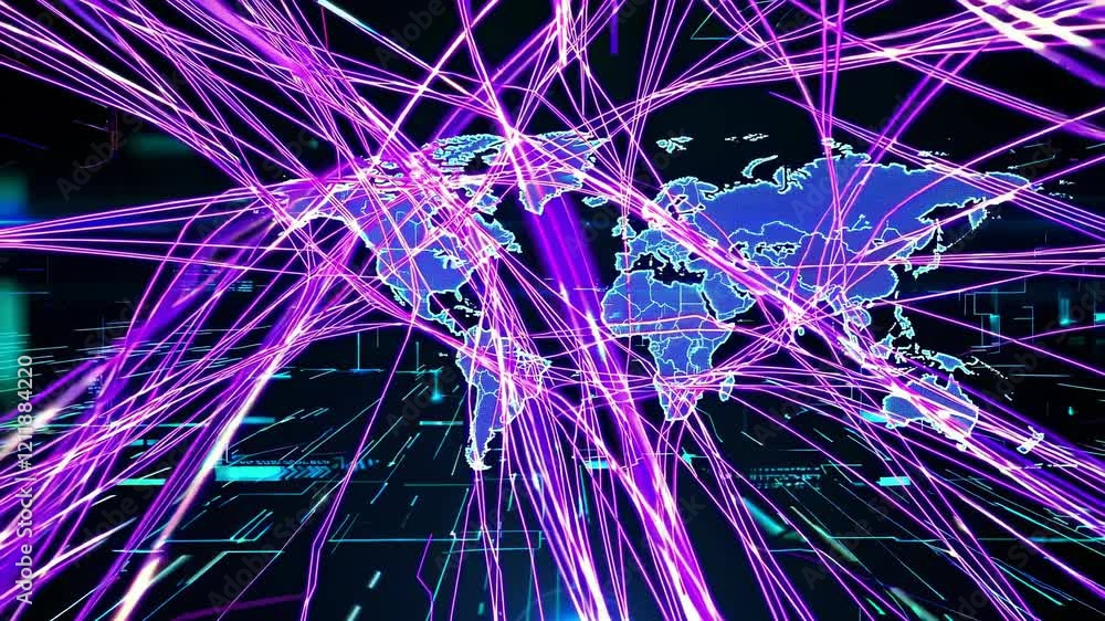 Poster visual representation of global connectivity through digital networks illustrates the flow of inform