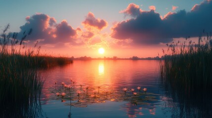 Fototapeta premium Serene Sunset over Calm Lake with Water Lilies