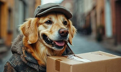 Cheerful Dog in a Cap Carrying a Delivery Box