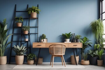 Fototapeta premium Creative composition of muted blue office interior, wooden desk, rattan sideboard, chair
