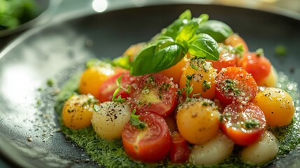 This colorful pasta dish features a variety of cherry tomatoes set on a bed of green sauce, topped with aromatic herbs. Perfectly plated, it promises a burst of flavor in every bite