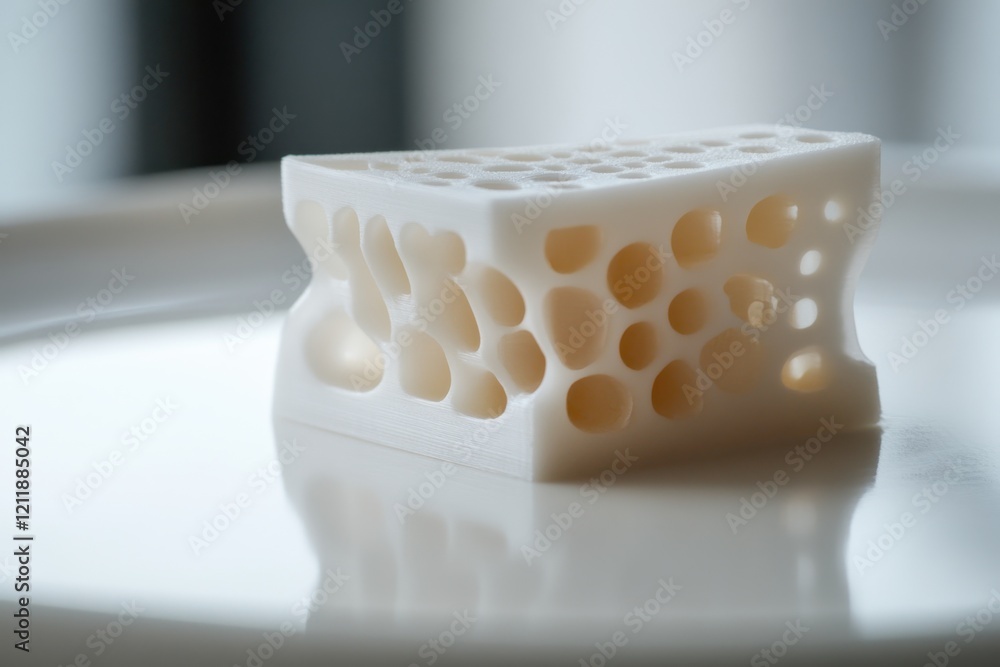 Poster innovative white object with intricate holes placed on a smooth surface