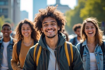 Fototapeta premium Students Walking to School Together, Building Friendships and Embracing Education, Youthful Energy and Academic Journey Generative AI