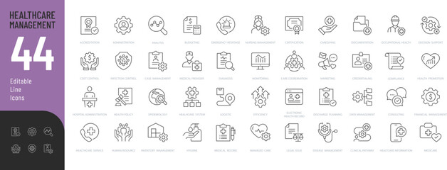 Healthcare Management Line Editable Icons set. Vector illustration in modern thin line style of medicine related icons: certification, control, medical provider, and more. Pictograms and infographics.
