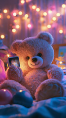 A fluffy teddy bear toy taking a selfie in a child’s colorful bedroom, with toys and fairy lights creating a warm, playful atmosphere.