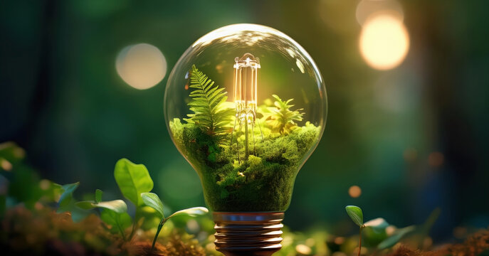 Gl&uuml;hbirne aus pflanzlichen Materialien - Konzept f&uuml;r gr&uuml;ne Energie und Nachhaltigkeit