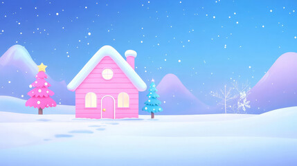 Whimsical Pink Cartoon House with Christmas Trees in Snowy Landscape
