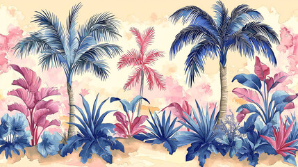Watercolor Tropical Paradise: Palm Trees, Pink and Blue Flowers, Exotic Plants