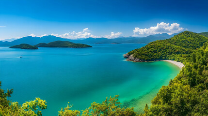 Scenic coastal bay with turquoise water, lush green hills, and a small boat, perfect for travel brochures or website backgrounds