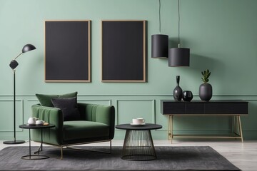 living room interior with design black armchair, furnitures, black coffee table, decoration