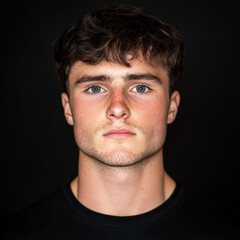 Fototapeta premium Young Boy with Dark Hair and Blue Eyes on a Dramatic Black Background