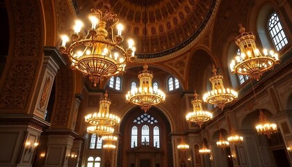 Obraz premium Ornate Chandeliers Illuminate Grand Cathedral Interior