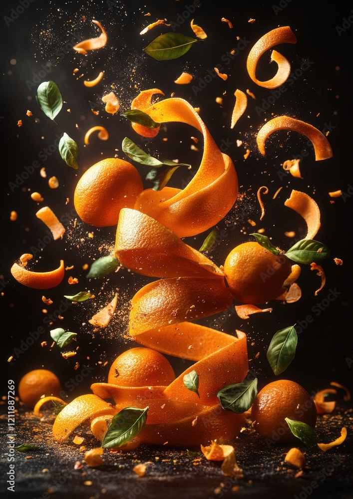Poster dynamic image of oranges with peels spiraling and flying in mid-air, creating a vibrant and energeti