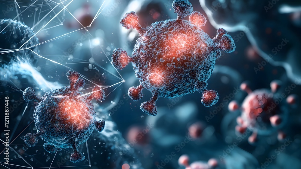 Aufkleber an advanced medical laboratory scenario where quantum computing models cancer cell growth to enable 