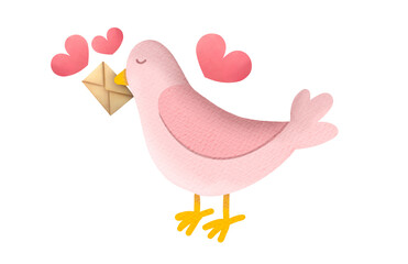 Carrier pigeon with love letter. cute bird illustration isolated on white transparent background. I love you, wedding invitation, marriage concept. clip art and cut out element design