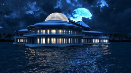 Futuristic waterfront mansion at night, moonlit sky, tropical setting; architectural design visualization