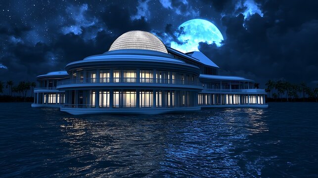 Futuristic waterfront mansion at night, moonlit sky, tropical setting; architectural design visualization - Powered by Adobe