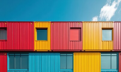 Fototapeta premium Vibrant Colorful Shipping Containers Form a Stunning Modern Architecture Against a Bright Blue Sky with Fluffy White Clouds