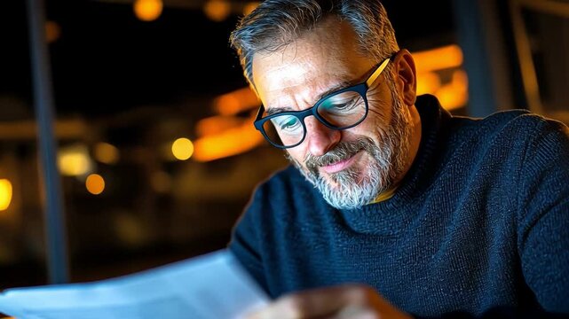 A man reads a document with focused attention in a warm, inviting atmosphere.