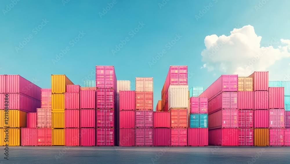 Poster vibrant colorful shipping containers stacked neatly under clear sky with soft clouds reflecting mode