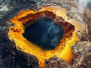 Aerial view of geothermal pool, volcanic crater, sulfur deposits, steam rising, New Zealand landscape, travel photography