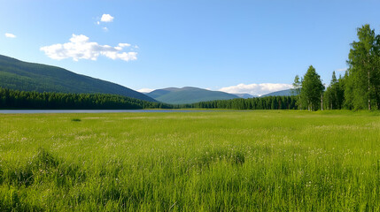 Fototapeta premium Serene mountain lake view, vast grassland foreground, clear sky, idyllic summer landscape, perfect for travel brochures