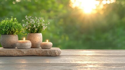 Serene sunset garden spa scene; candles, plants, wood. Relaxation, wellness