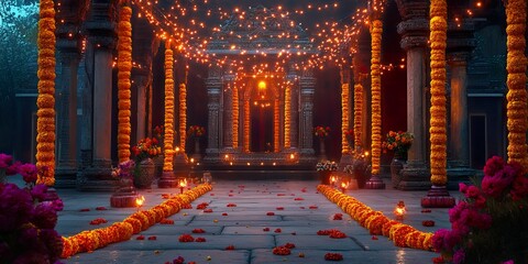 Marigold Decorated Temple Courtyard at Night Maha Shivaratri Festival