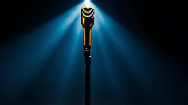 A vintage microphone illuminated by dramatic stage lights in a dark setting.