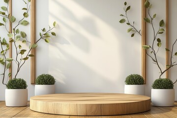 White background podium with wooden leaf decoration for product presentation, minimal concept, symmetrical composition with three white circular stands.