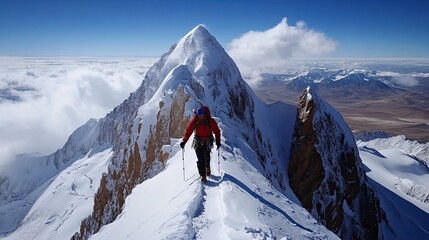 Climber ascends snowy mountain ridge, high altitude landscape, adventure, travel photography