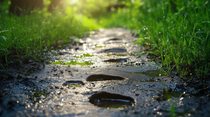 Fototapeta premium Footprints in muddy trail surrounded by grass in sunlight