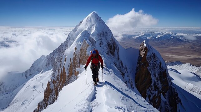 Climber ascends snowy mountain ridge, high altitude landscape, adventure, travel photography
